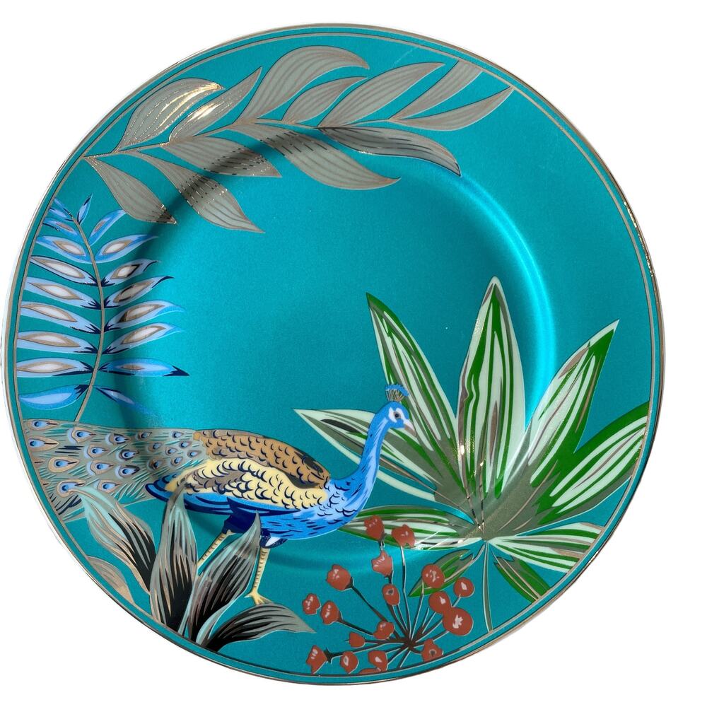 GRACE TEAWARE Gold Gilded Peacock Design 8" Fine Porcelain Plate Set of 2 NEW